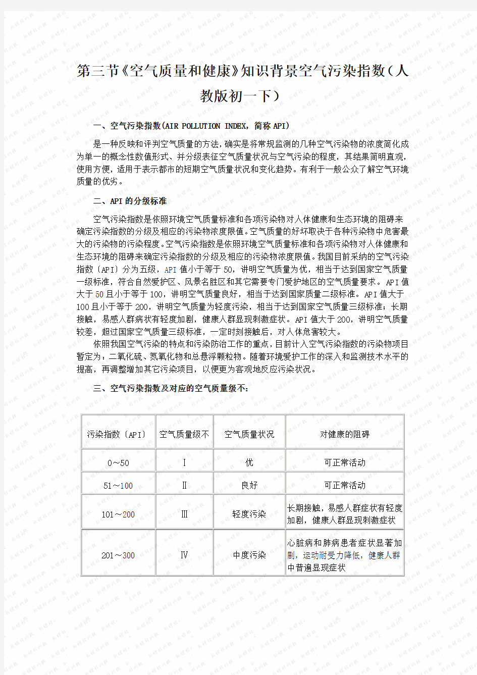 第三节《空气质量和健康》知识背景空气污染指数(人教版初一下)