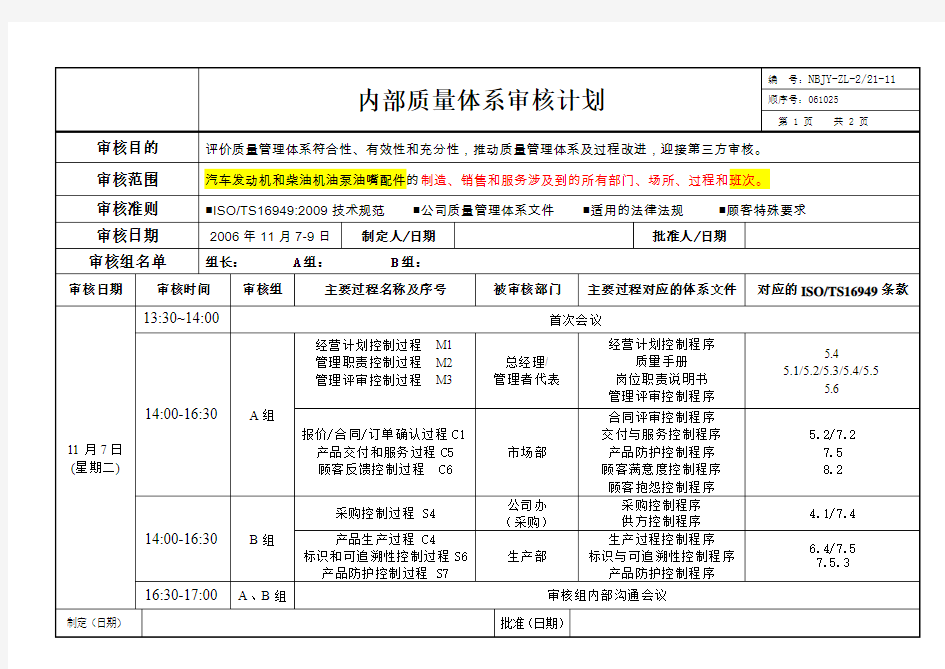 内部质量体系审核计划