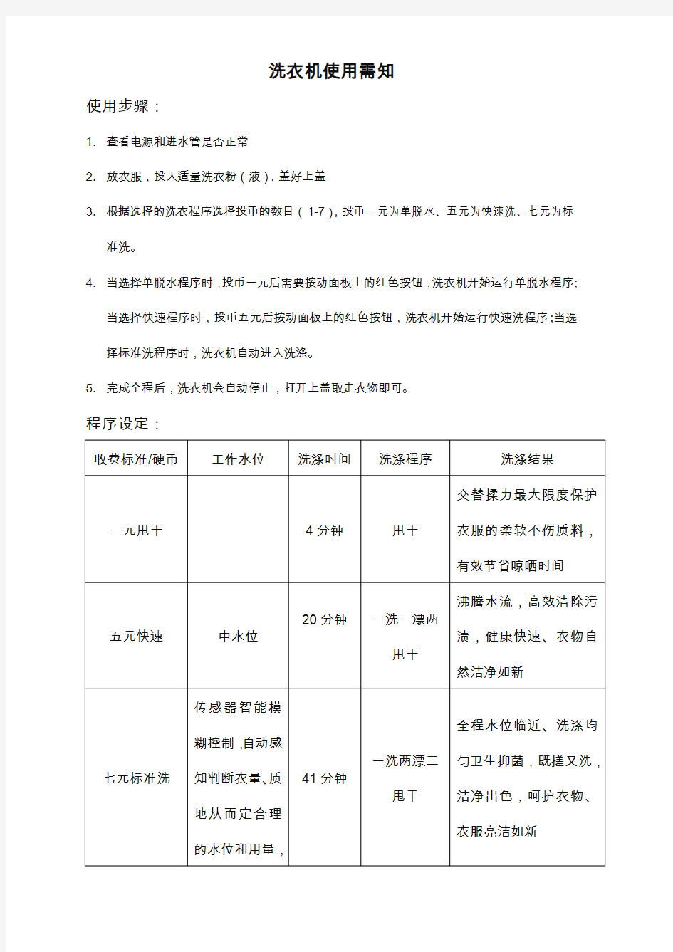 洗衣机使用须知中英文对照