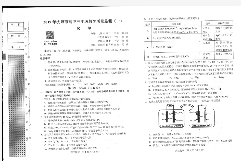 辽宁省沈阳市2018-2019高三一模化学试题  PDF  含答案