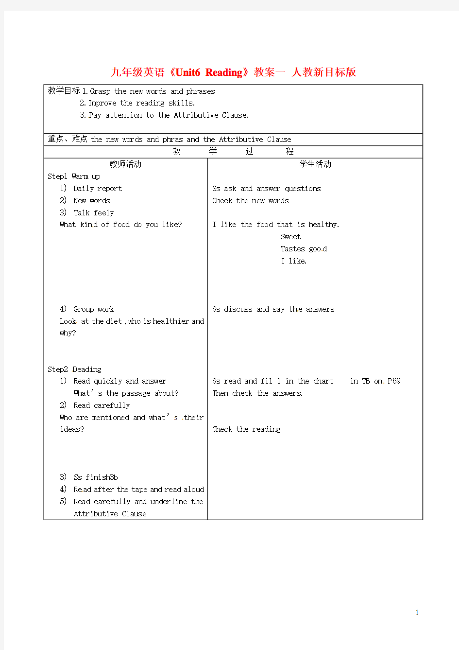 九年级英语《Unit6 Reading》教案一