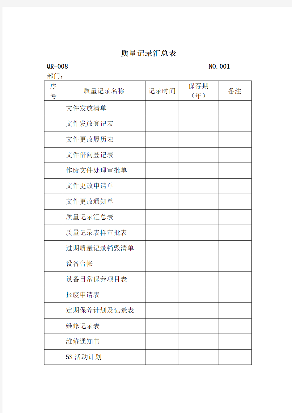 质量记录汇总表 表格 格式 