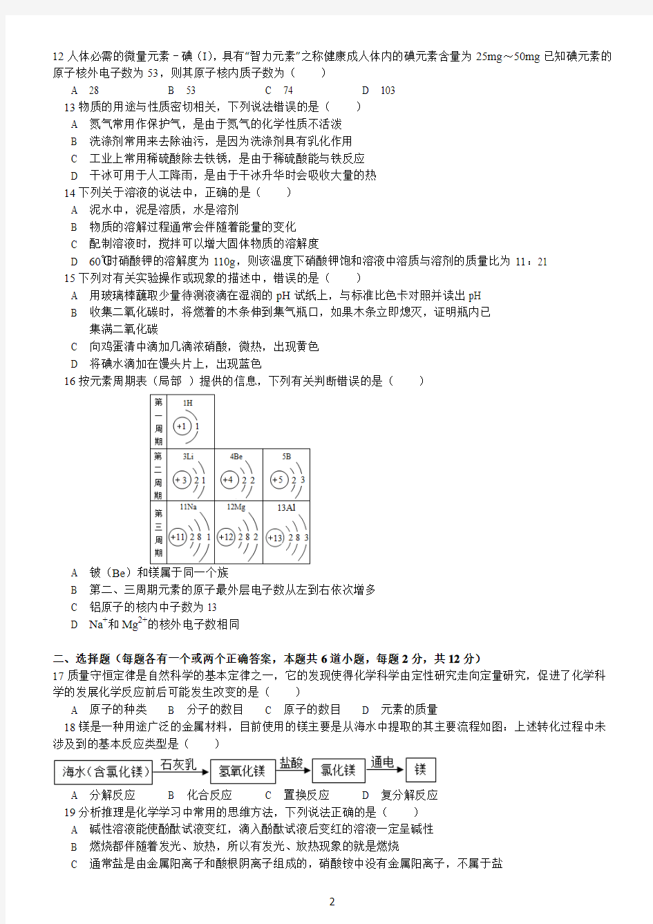 2014青岛中考化学真题及答案解析