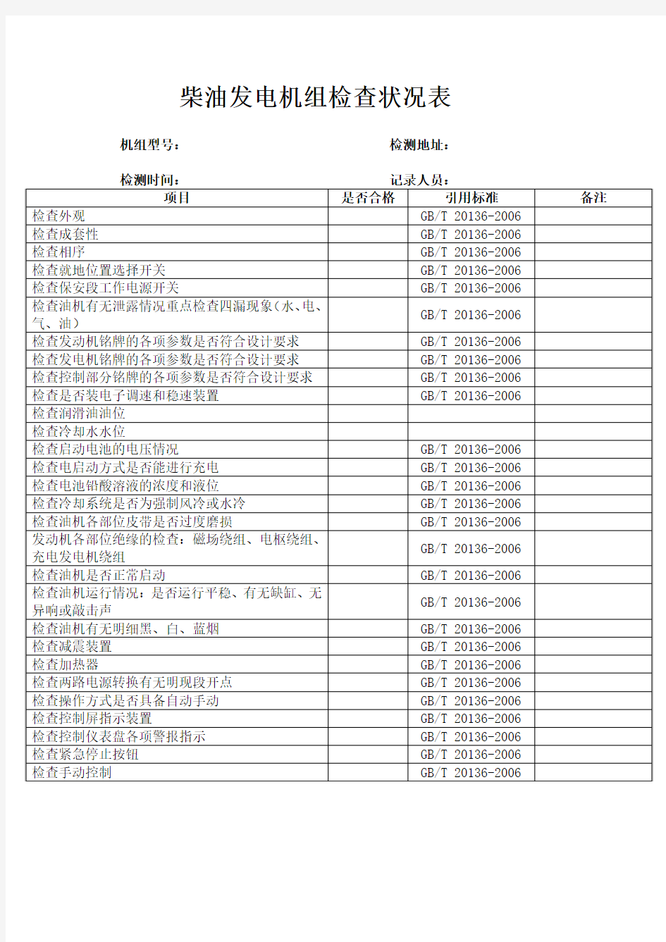 柴油发电机组状况检查表