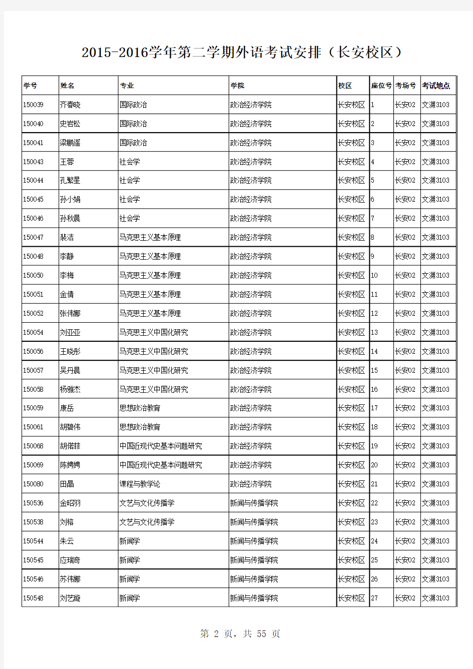 陕西师范大学2015-2016学年第二学期期末考试考场安排-公共外语