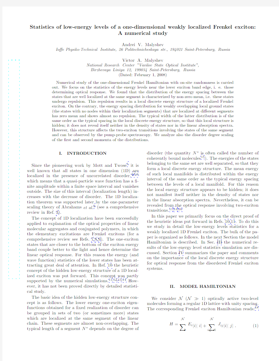 Statistics of low-energy levels of a one-dimensional weakly localized Frenkel exciton A num