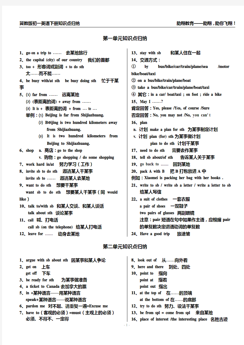 冀教版初一英语下册知识点归纳