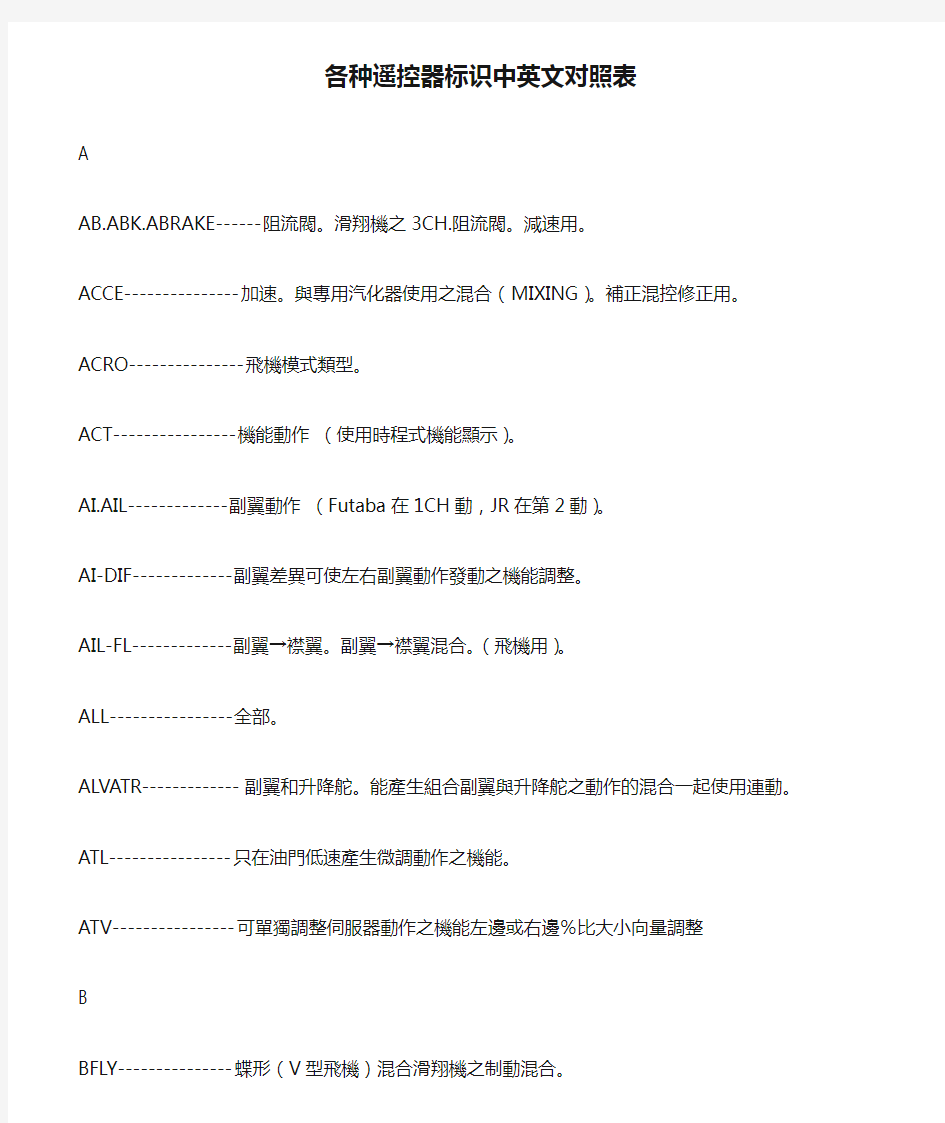 各种遥控器标识中英文对照表