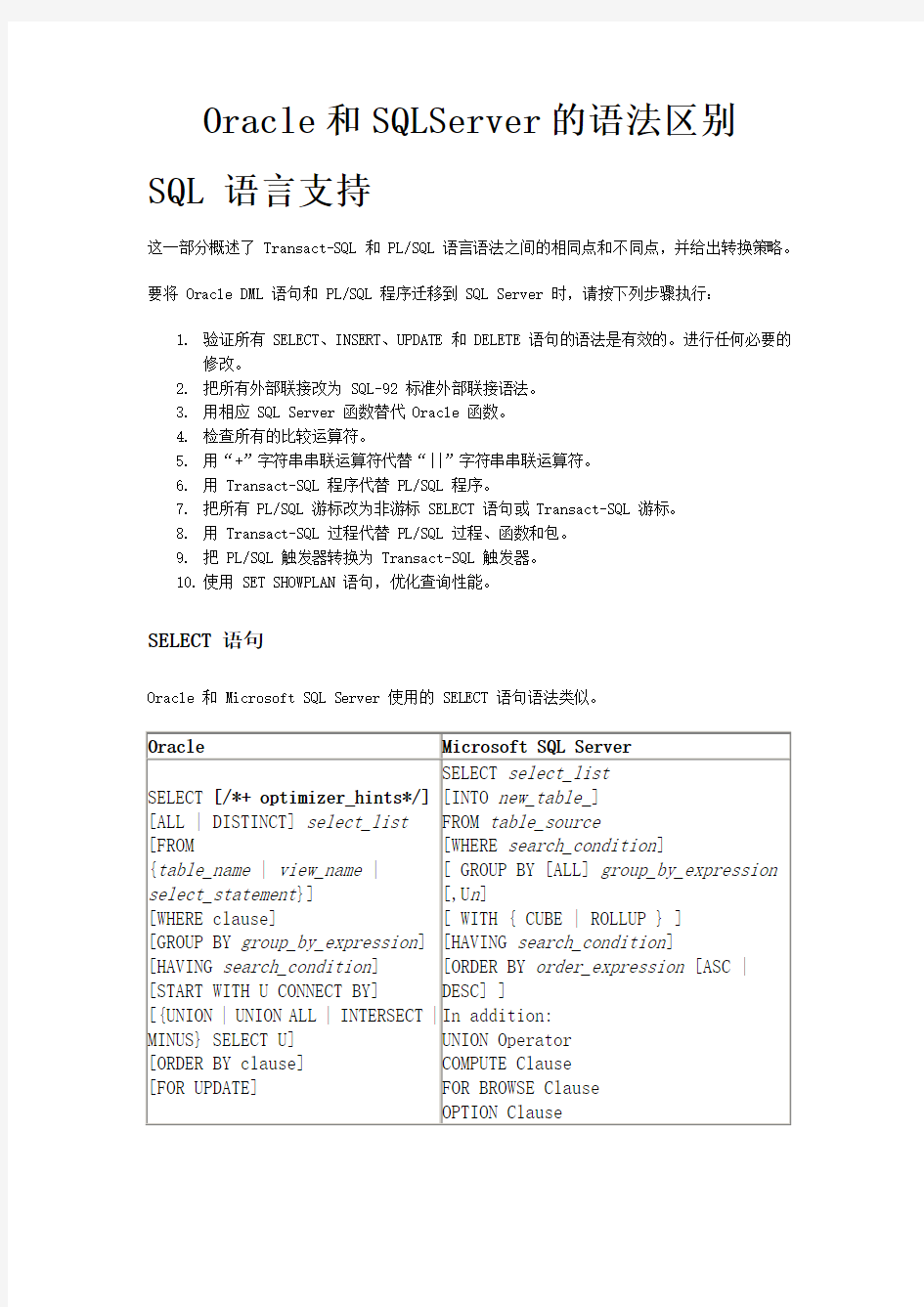 Oracle和SQLServer的语法区别