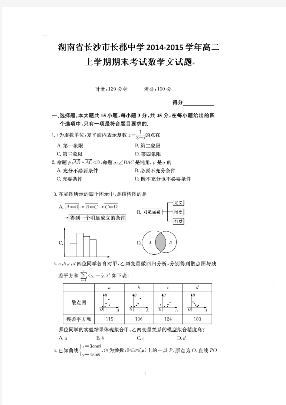 湖南省长沙市长郡中学2014-2015学年高二上学期期末考试数学(文)试题 扫描版含答案