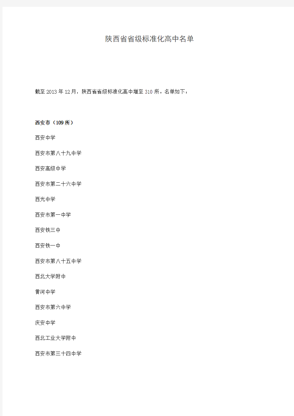 陕西省省级标准化高中名单
