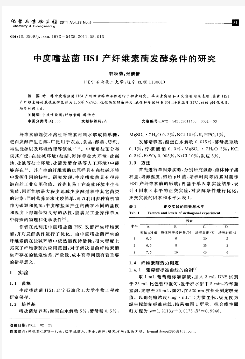 中度嗜盐菌HS1产纤维素酶发酵条件的研究