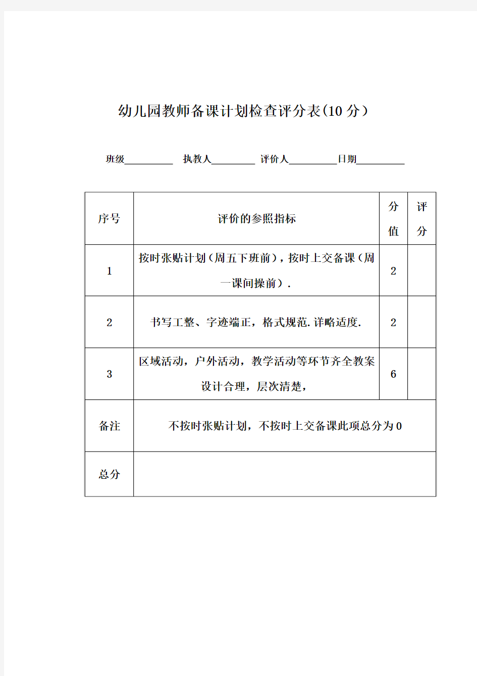 中心幼儿园教师备课笔记检查评分表