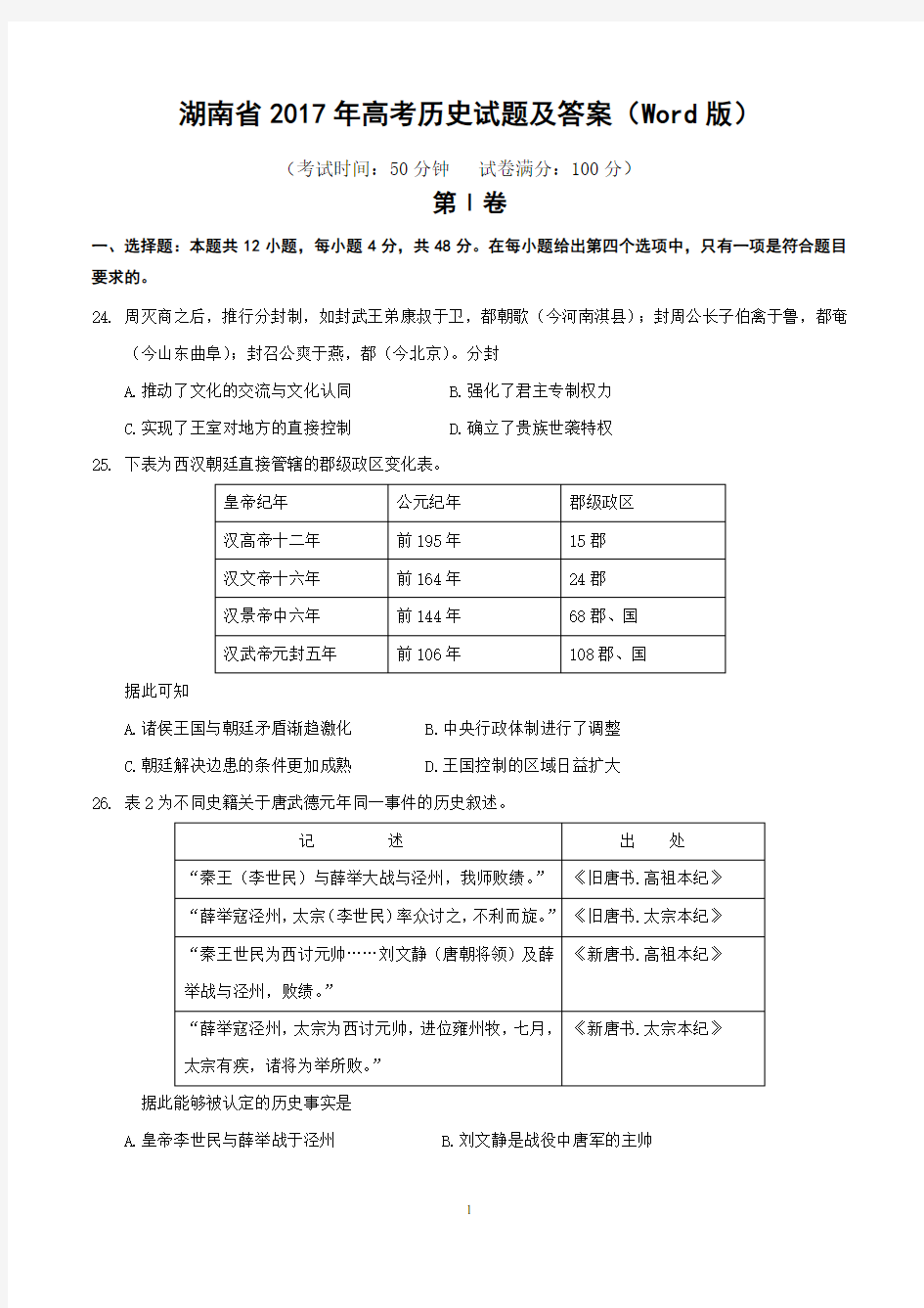 湖南省2017年高考历史试题及答案(Word版)