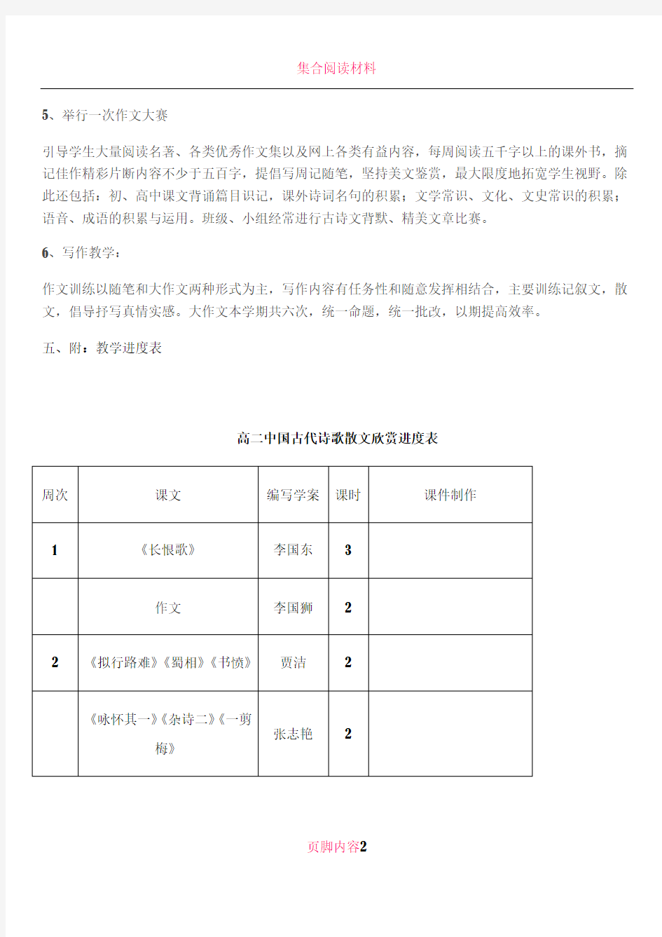 2018届高二第二学期语文教学计划及进度表