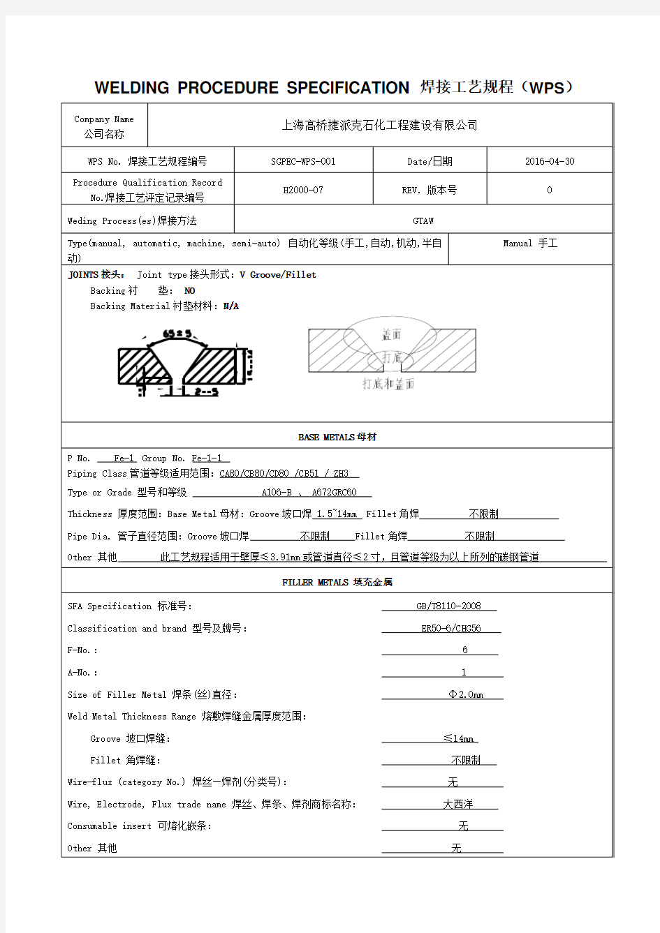 管道焊接工艺规程WPS