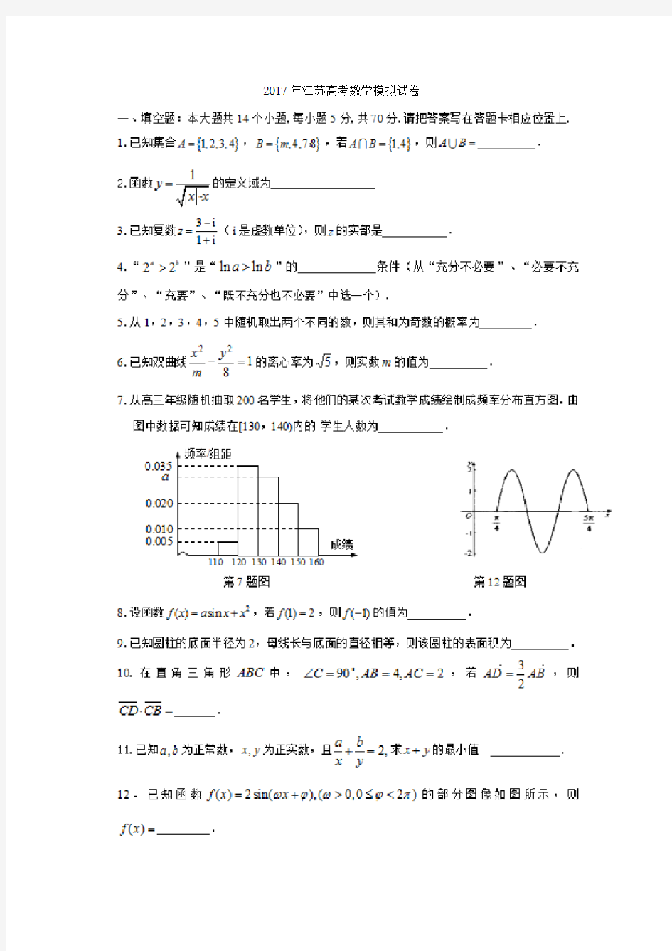 2017年江苏高考数学模拟试卷