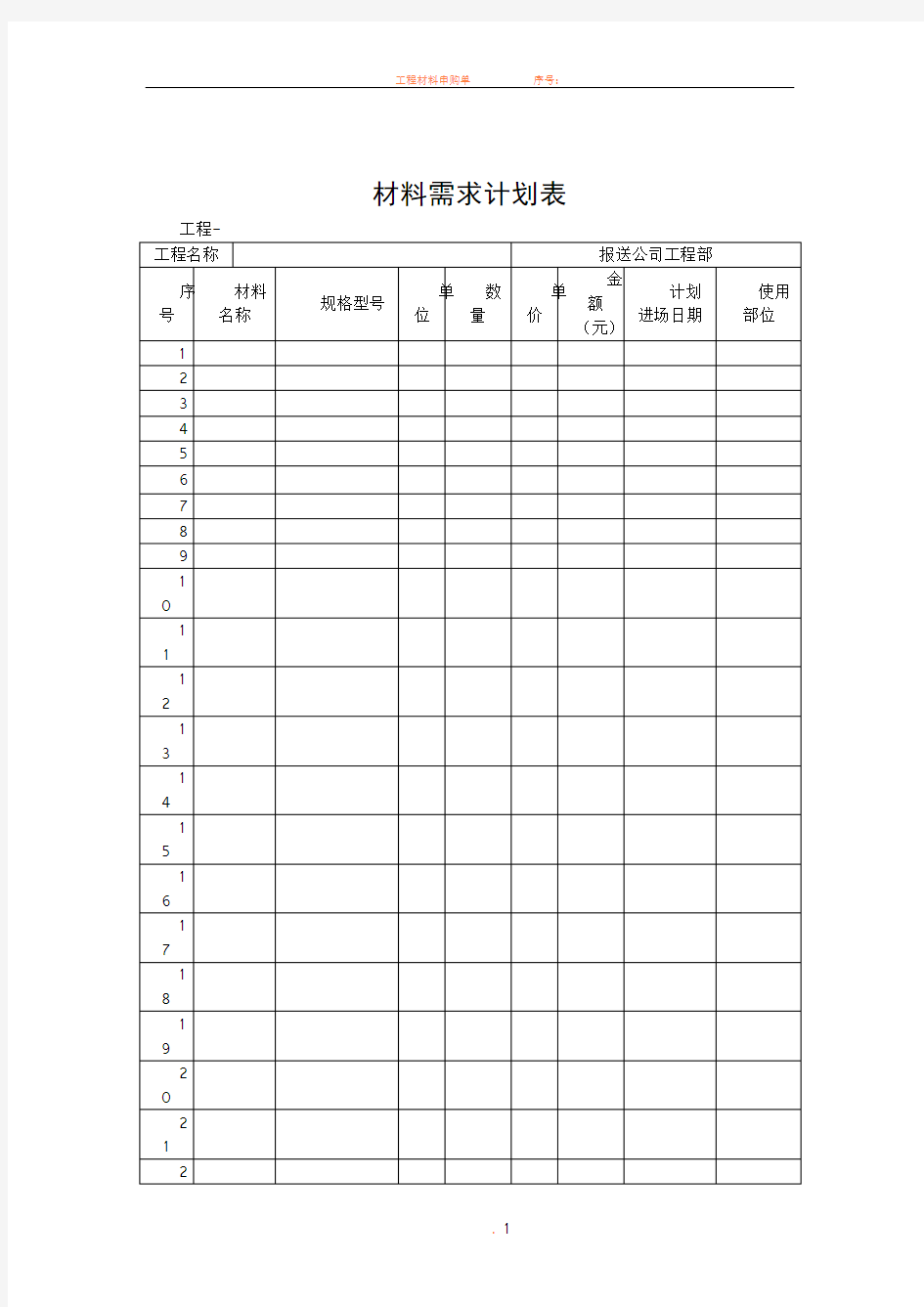 工程材料需求计划表