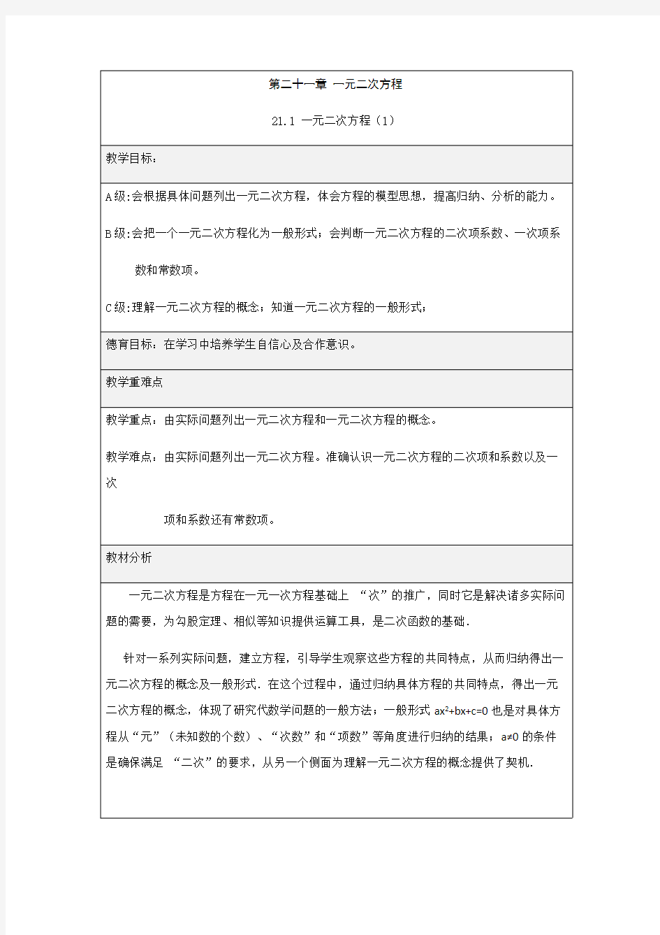 一元二次方程  优秀教学设计(教案)