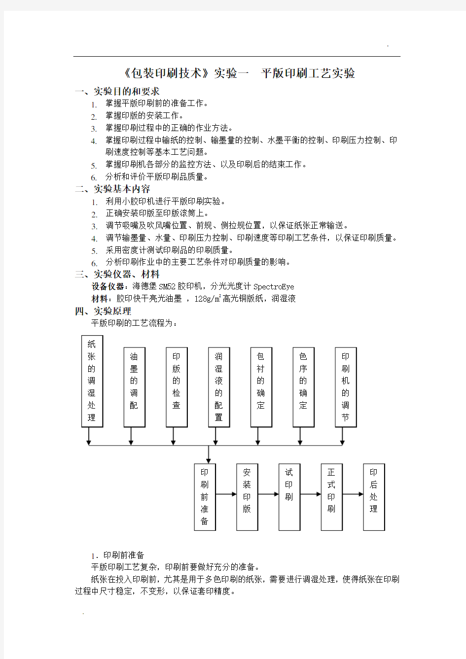 包装印刷技术课程实验一平版印刷工艺实验指导书