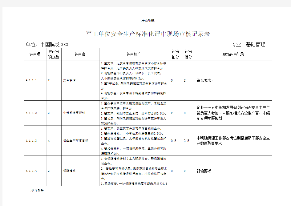 现场审核记录表(管理组)