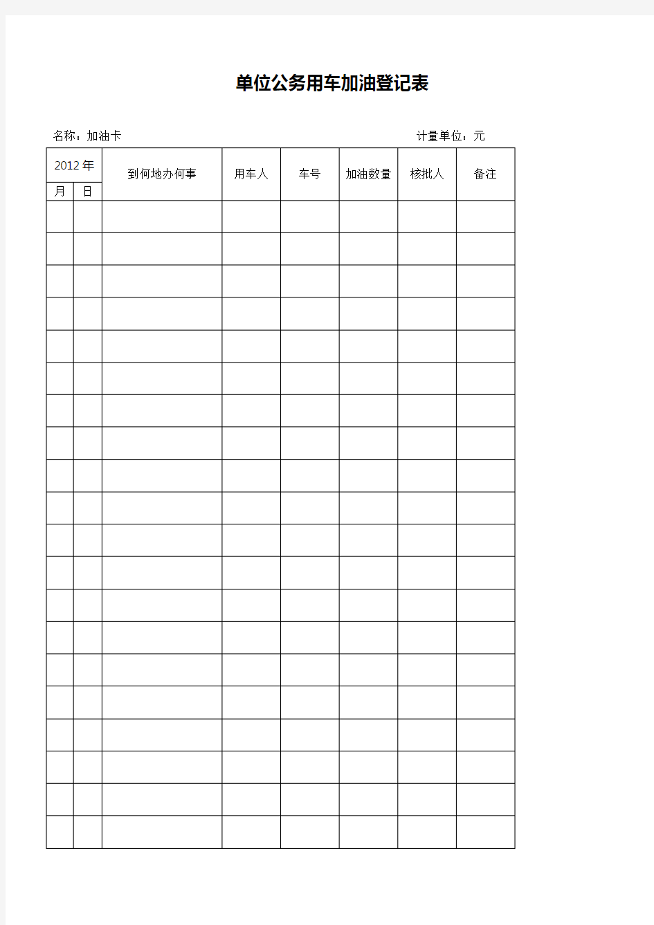 单位公务用车加油登记表格模板