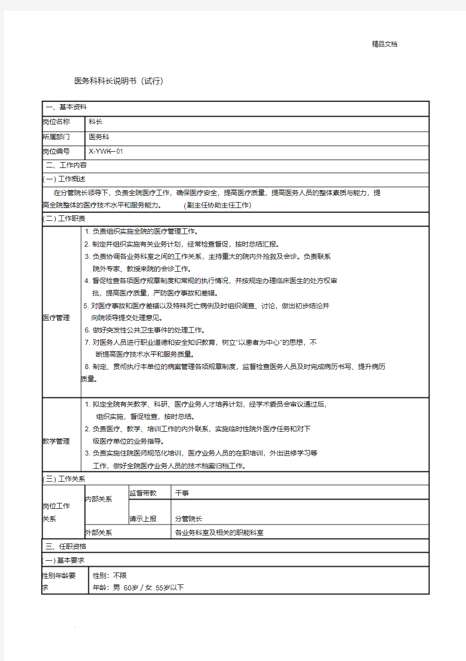 医务科科长岗位说明书