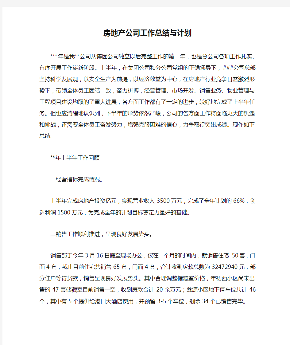 房地产公司工作总结与计划