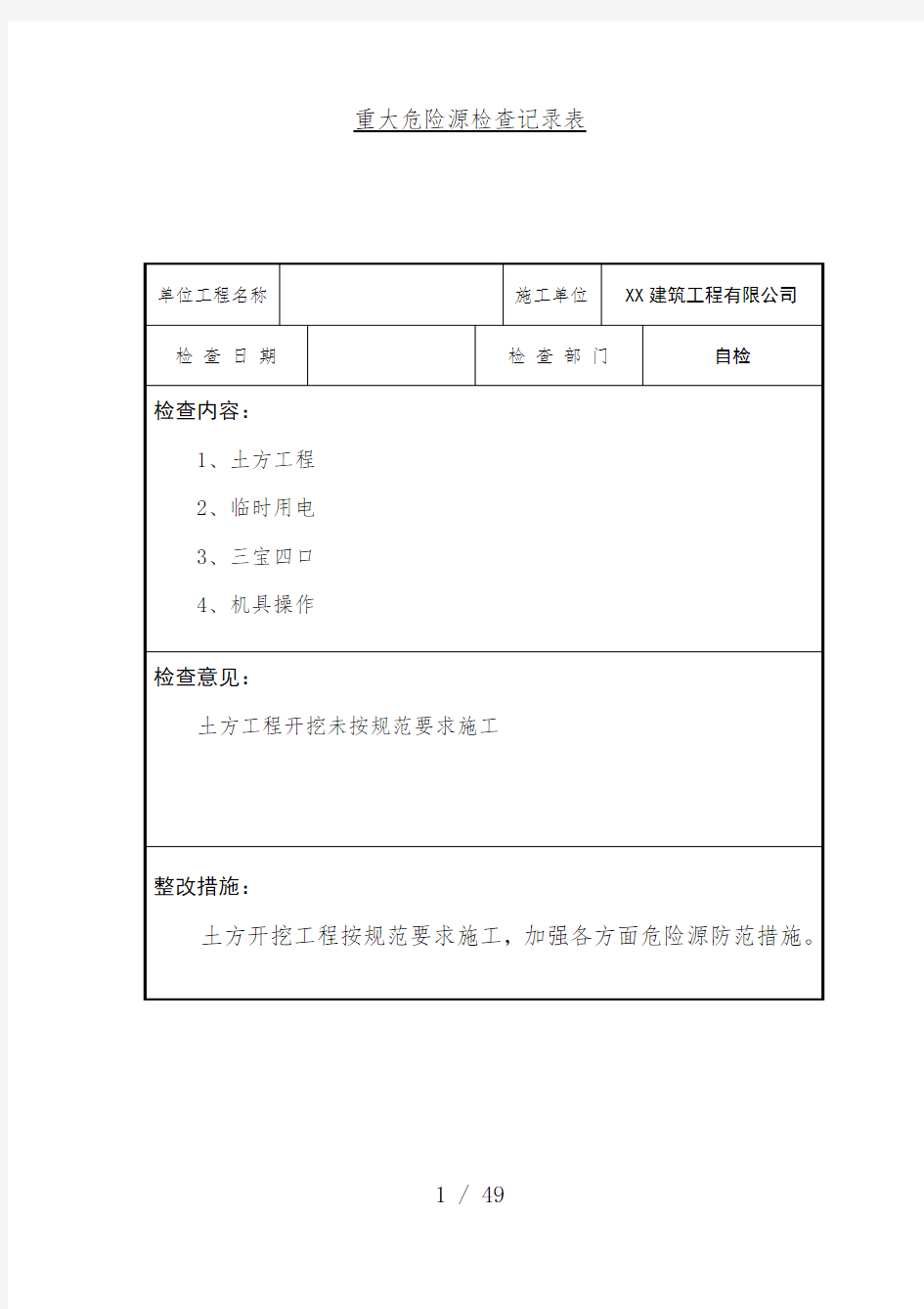 重大危险源检查记录表