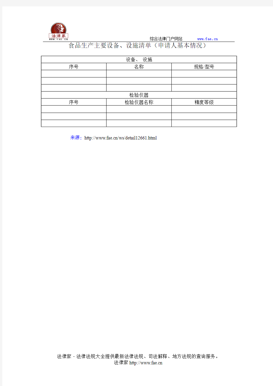 食品生产主要设备、设施清单——(食品药品,食品)