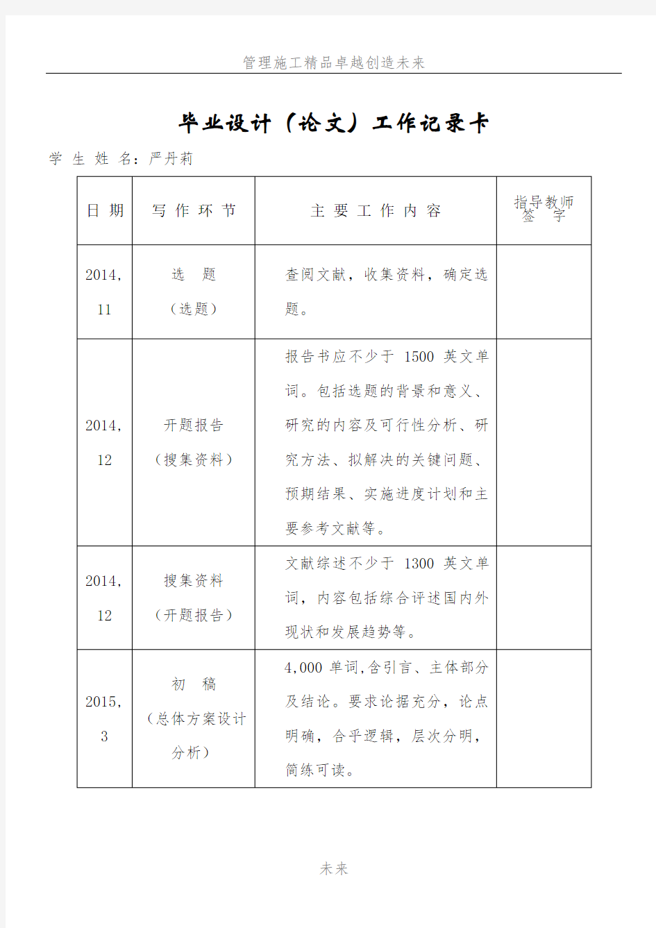 毕业论文工作记录卡(需填写)