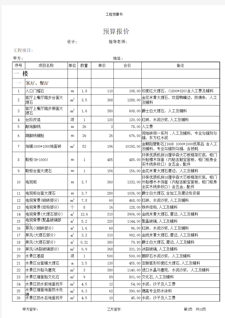 工程设计预算报价表