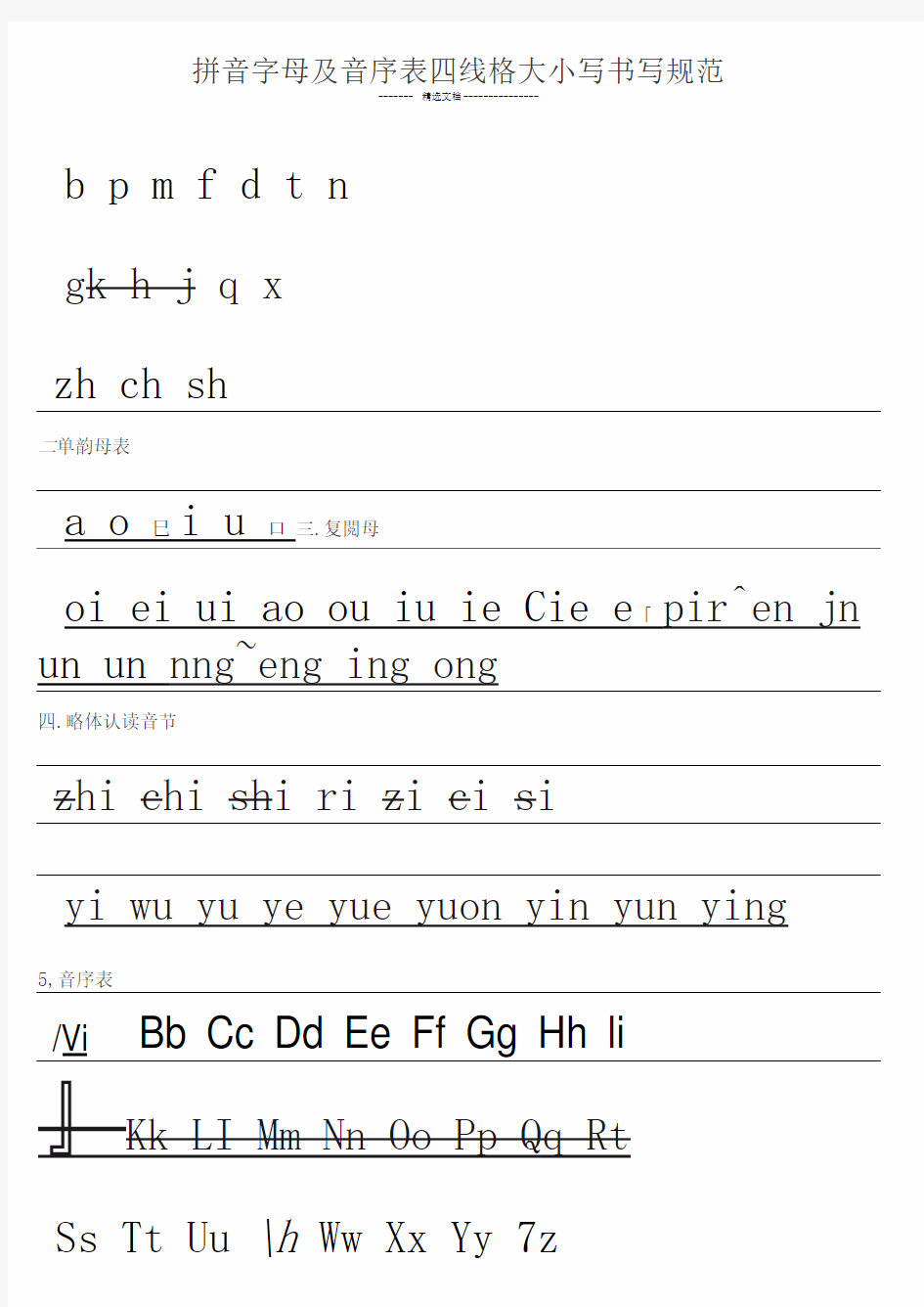 拼音字母及音序表四线格大小写书写规范-打印