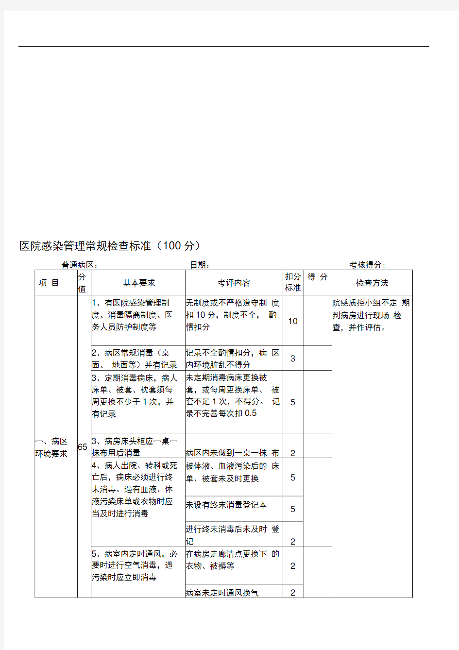 医院感染管理常规检查标准