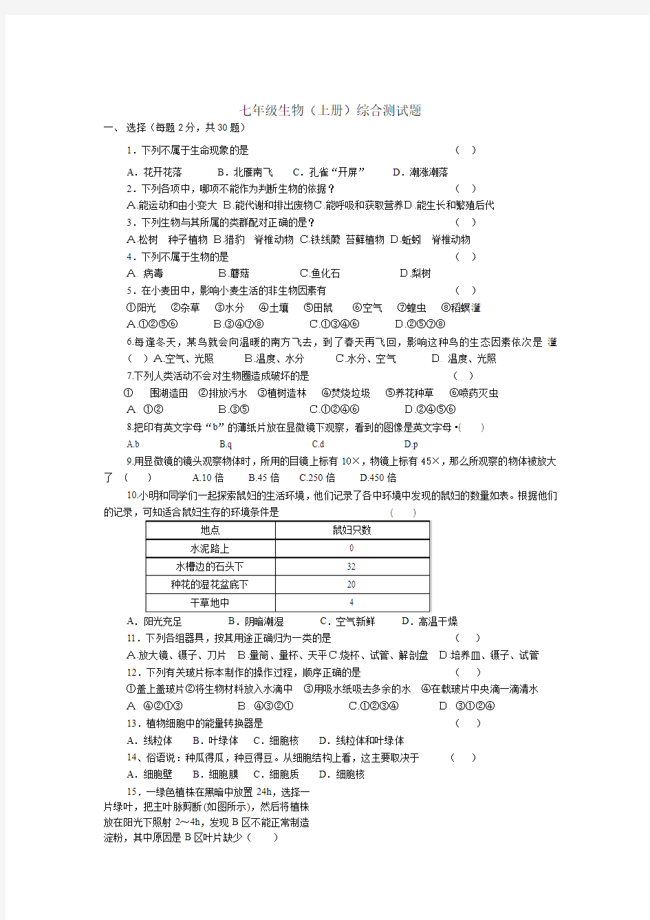 苏教版七年级生物上册综合试题[1]