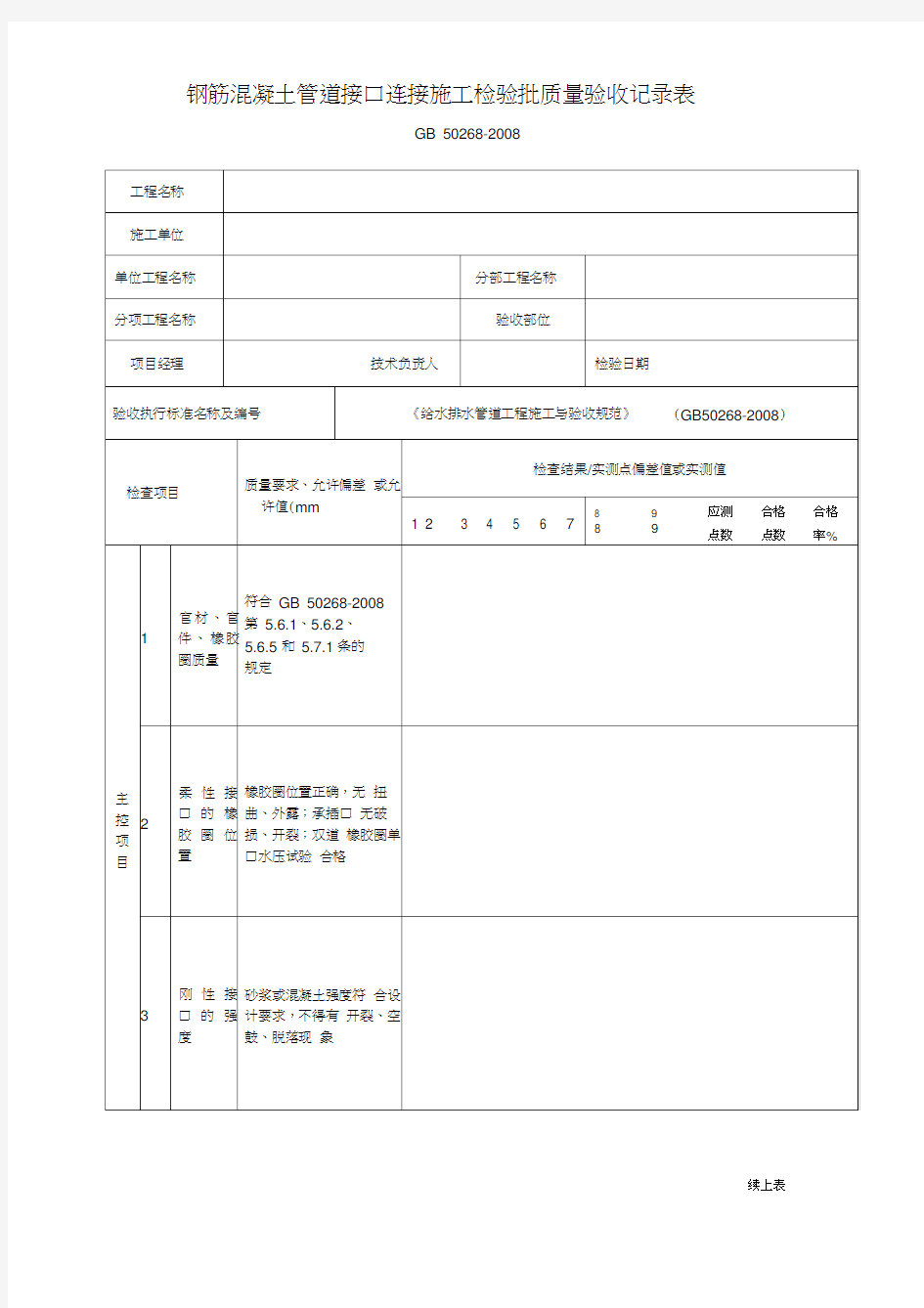 钢筋混凝土管道接口连接施工检验批质量验收记录表