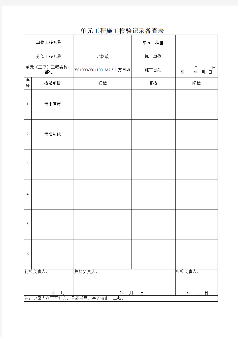 土方回填  三检表 单元(工序)工程施工检验记录表