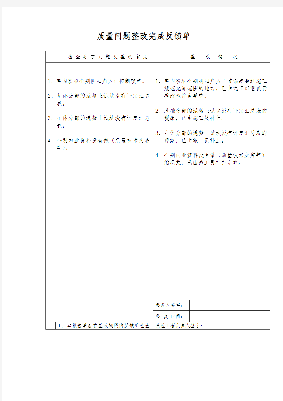 质量问题整改完成反馈单