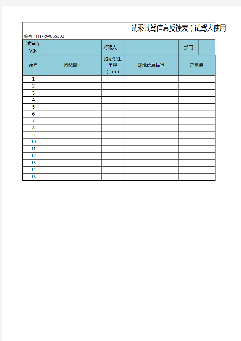 试乘试驾信息反馈表(试驾人使用)