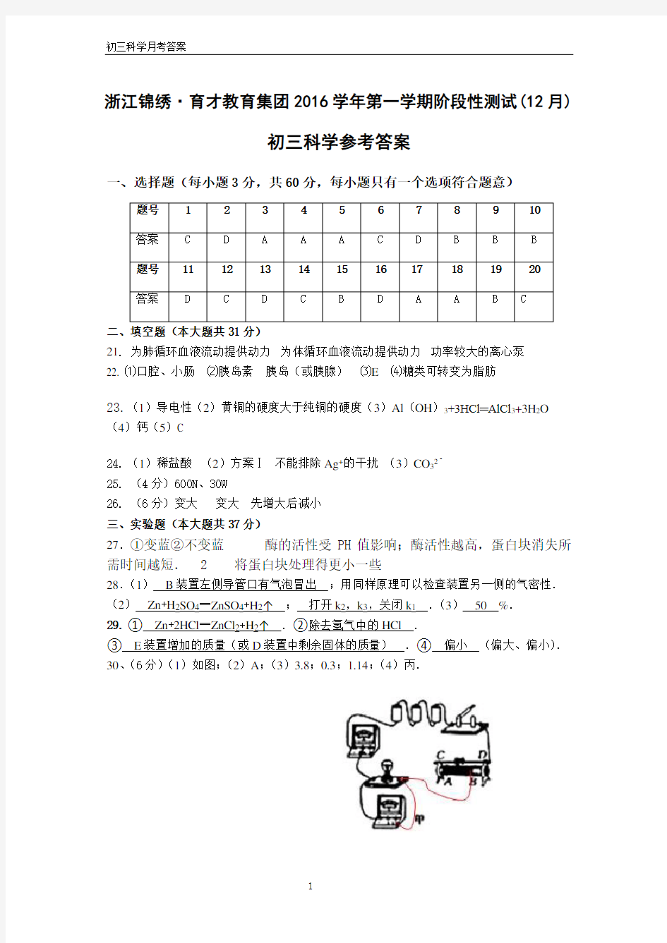 初三12月考科学答案