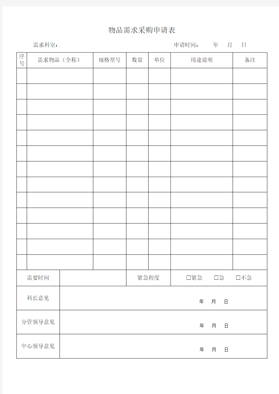 物品需求采购申请表