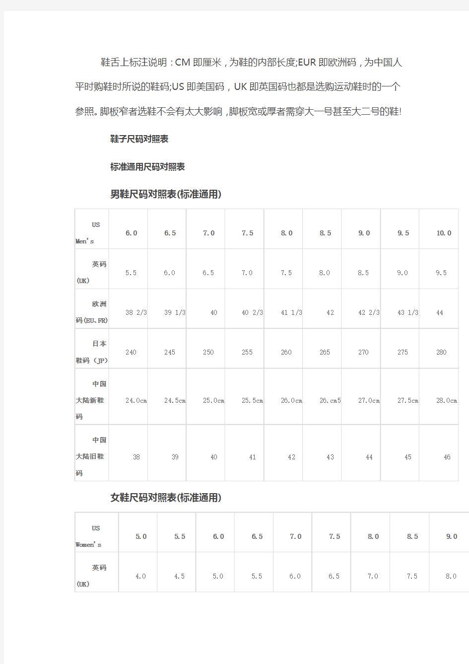 国际鞋尺码对照表