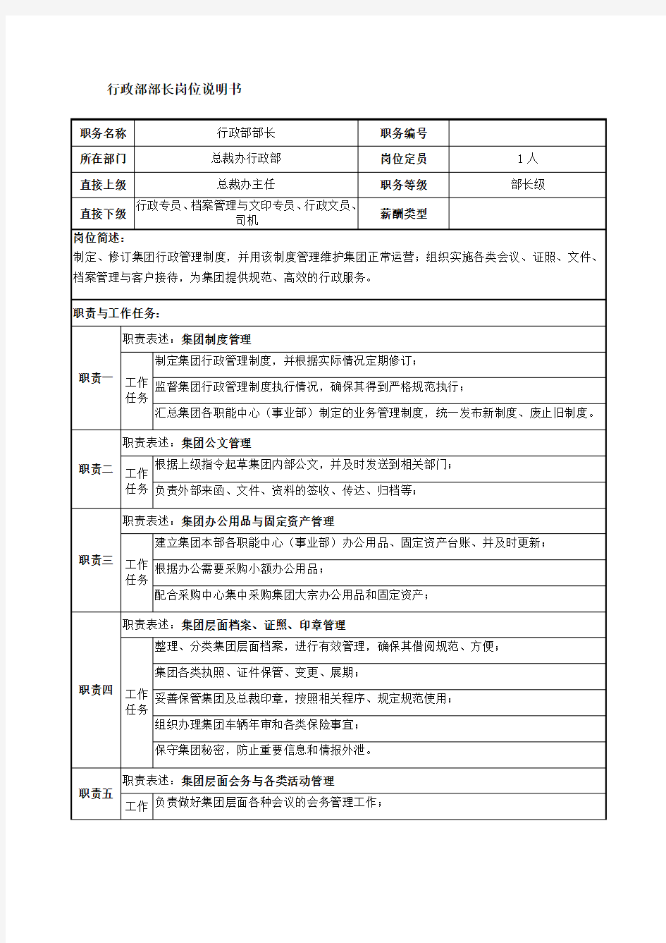 行政部部长岗位说明书