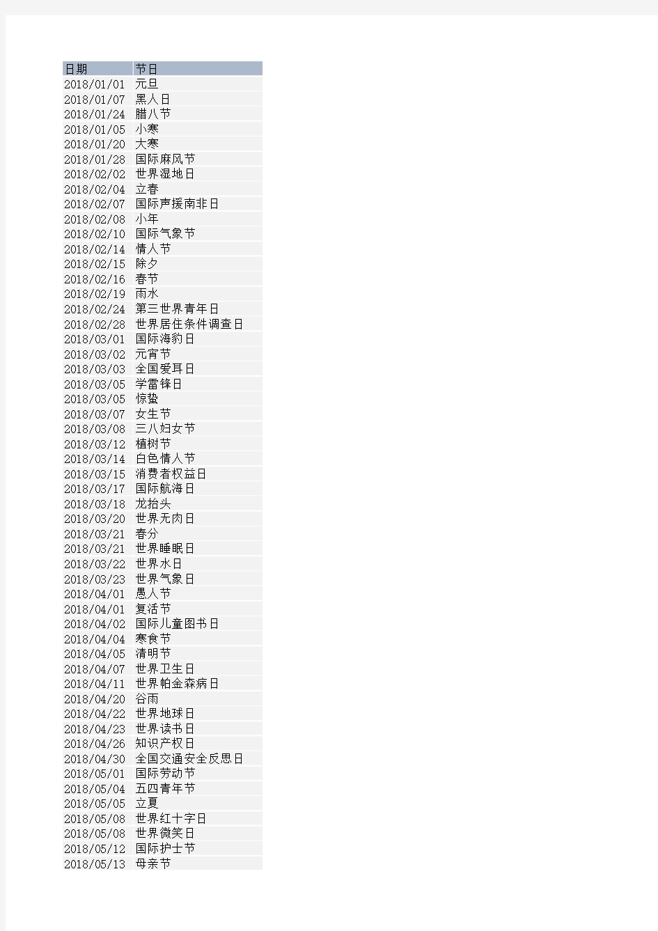 2018年节日表整理版