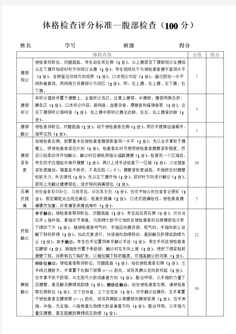 体格检查评分标准-腹部检查