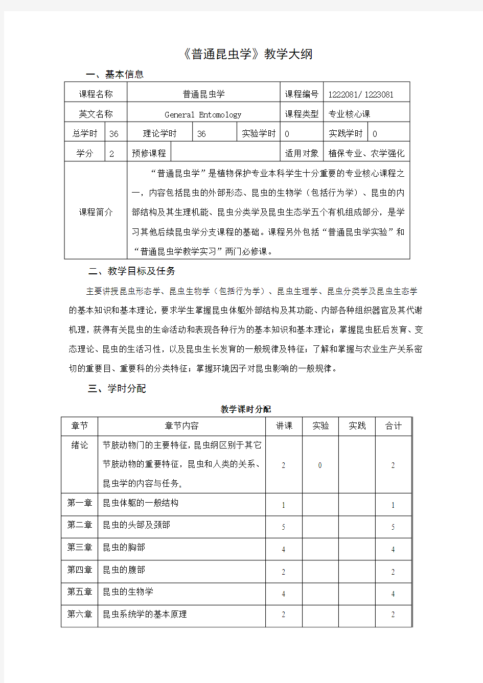 普通昆虫学教学大纲