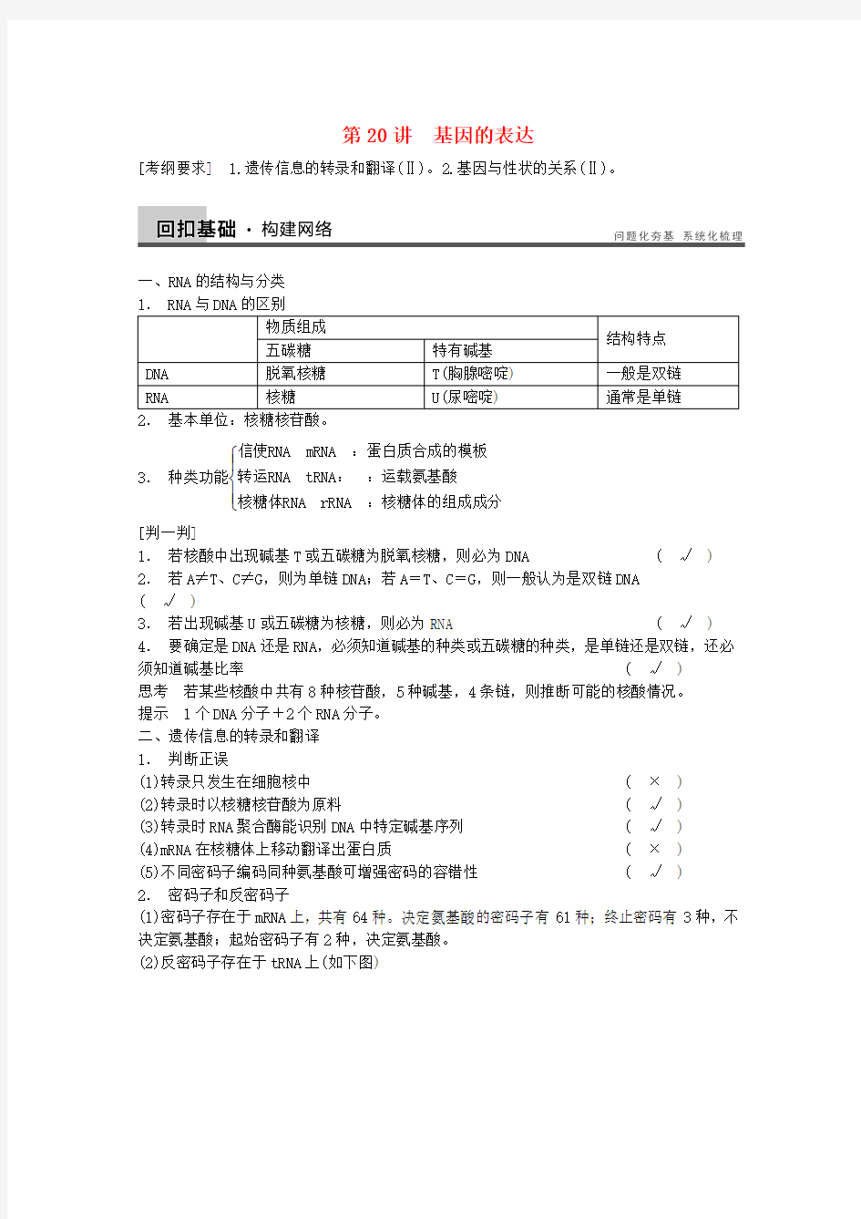 高三生物一轮复习 6.20基因的表达教学案 新人教版