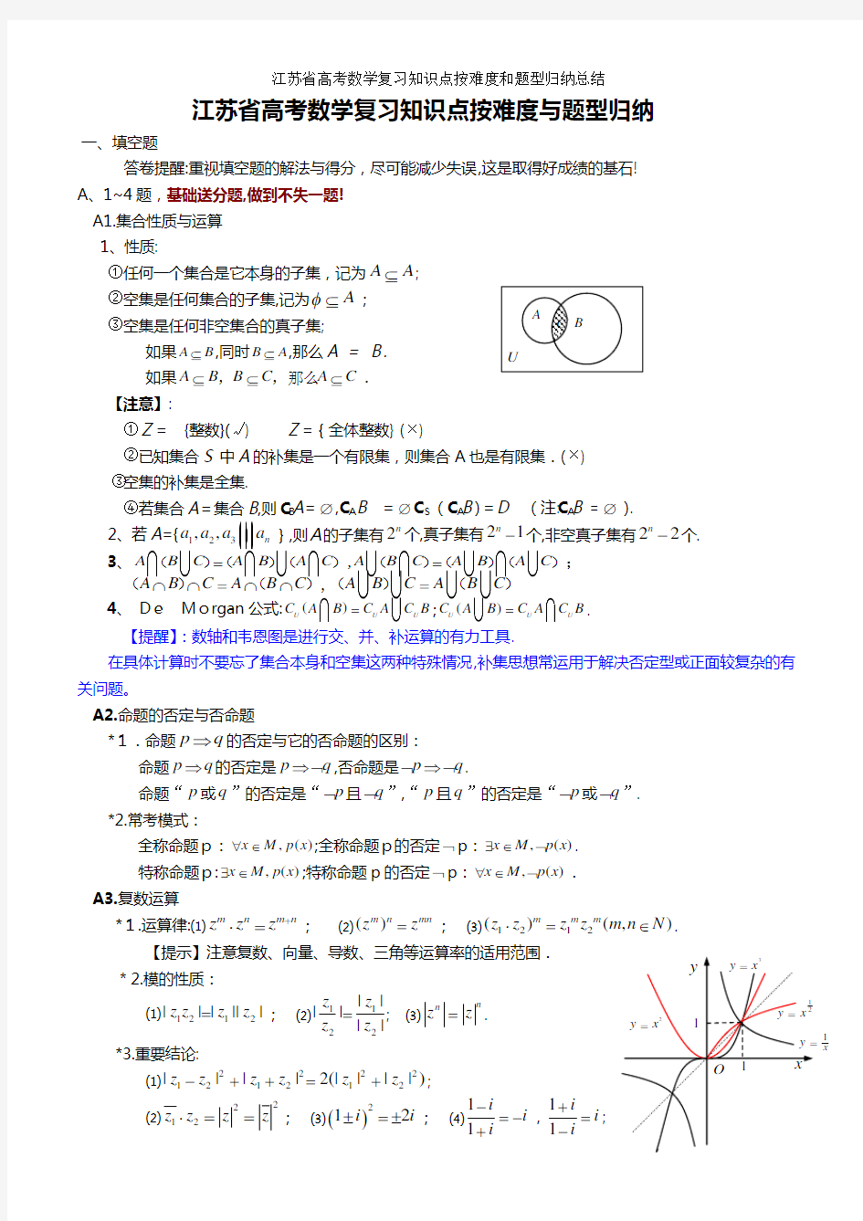 江苏省高考数学复习知识点按难度和题型归纳总结