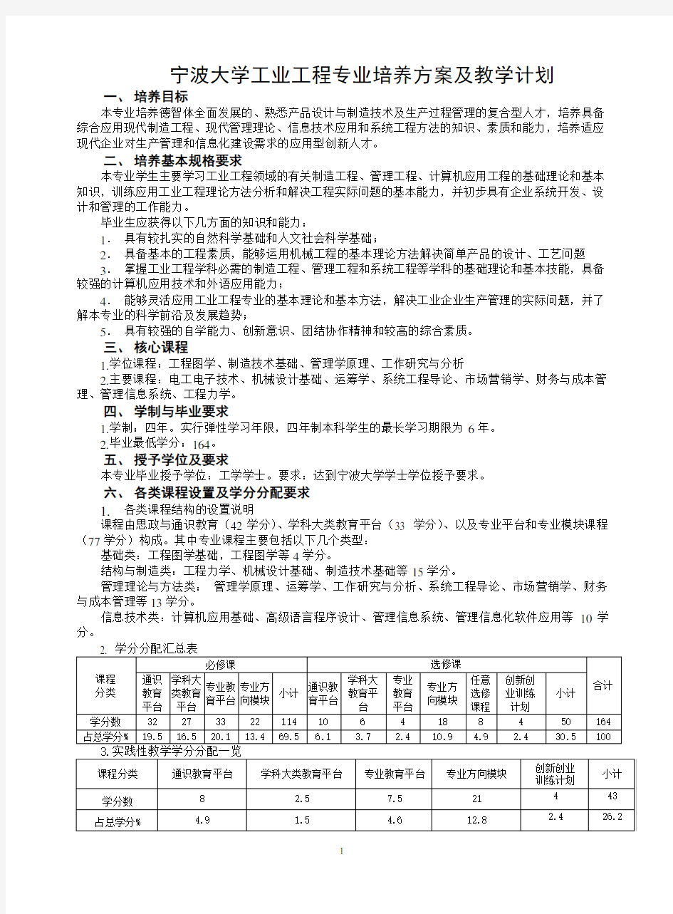 宁波大学工业工程专业培养方案及教学计划