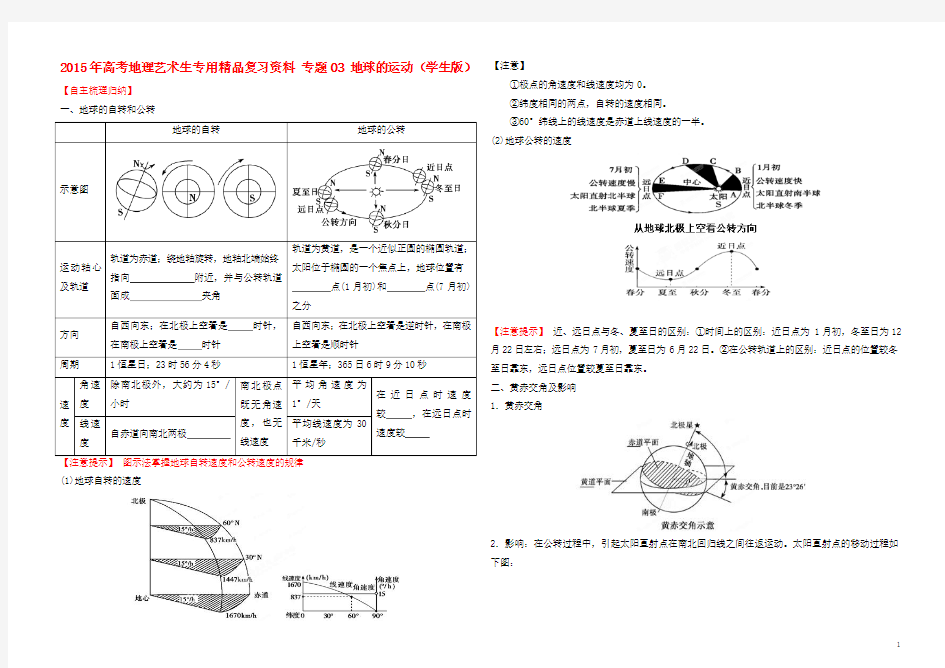 2015年高考地理艺术生专用精品复习资料_专题03_地球的运动(教师版)